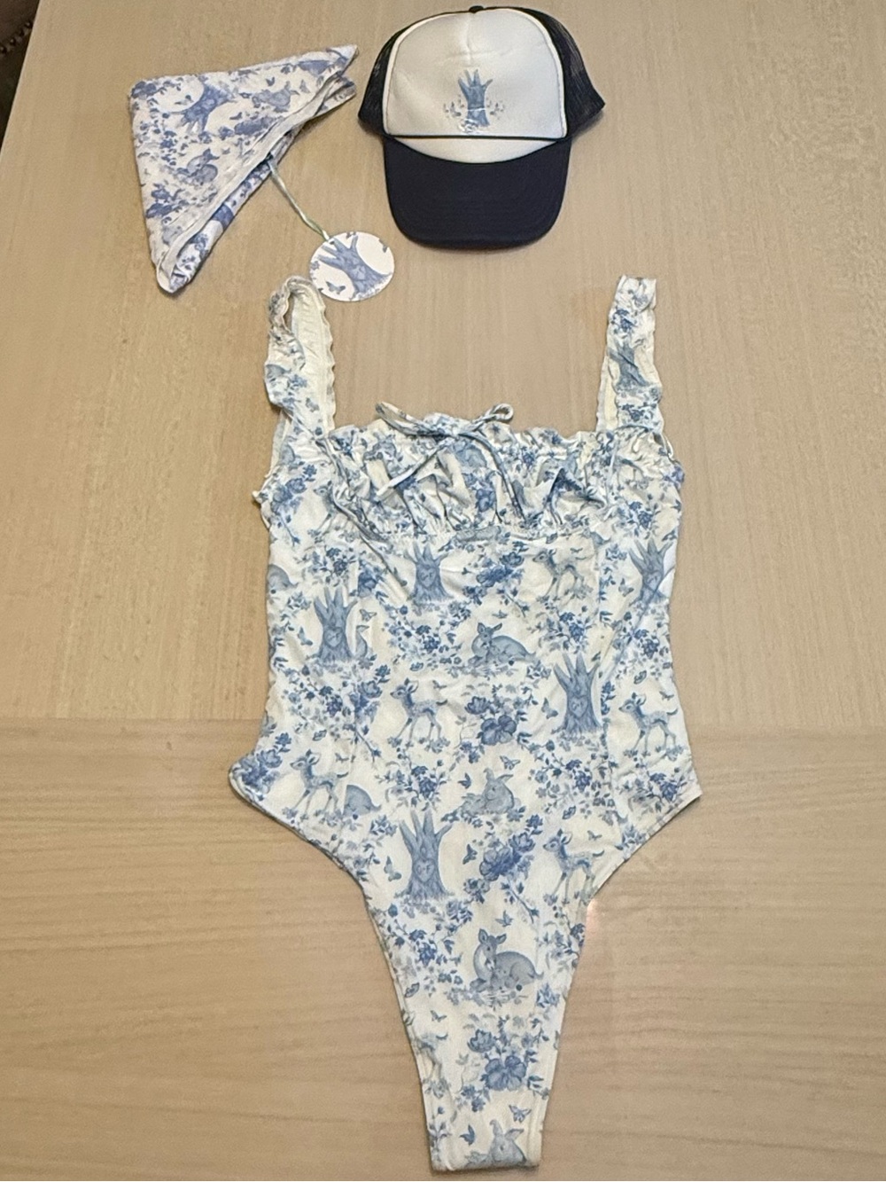 Frankie's Bikinis Gigi Hadid Fawn One-Piece Milkmaid Hat Bandana Scarf Swimsuit